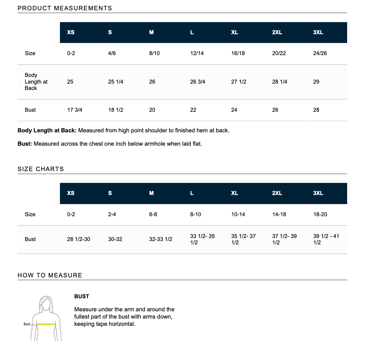 Women's relaxed fit size chart and measuring guide